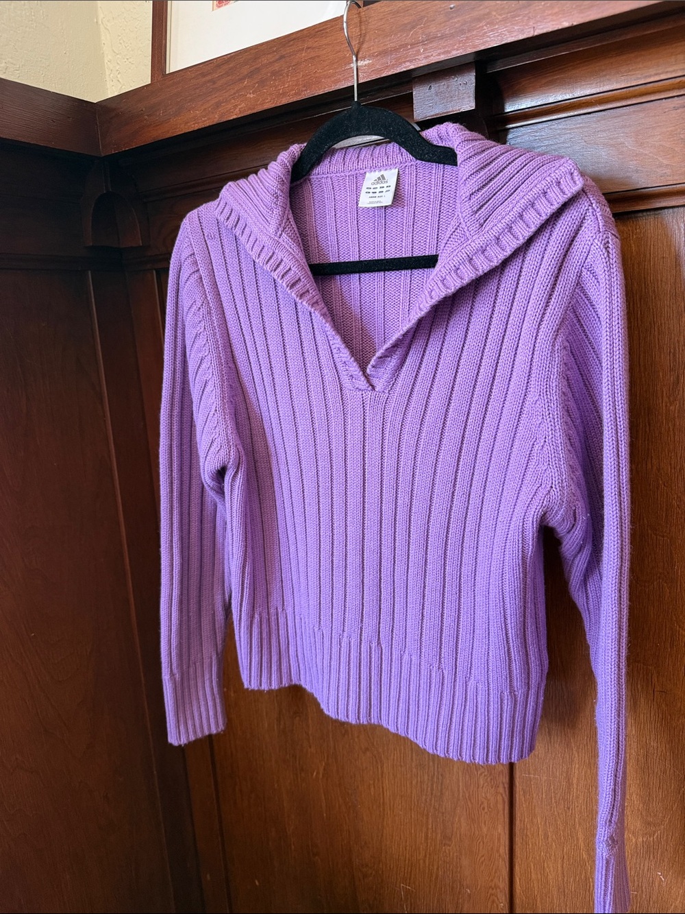 Vintage adidas Pastel Lavender Ribbed V-Neck Sweater with Fold Collar